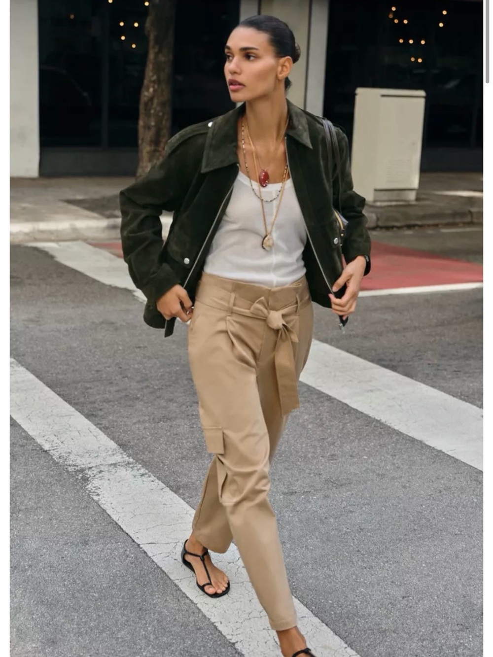 Zara Beige Tie-Waist Cropped Cargo Pants